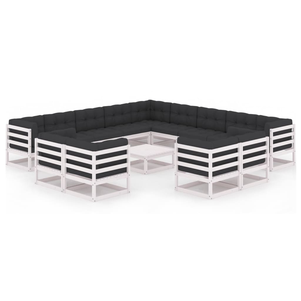 14-tlg. Garten-Lounge-Set mit Kissen Weiss Kiefer Massivholz